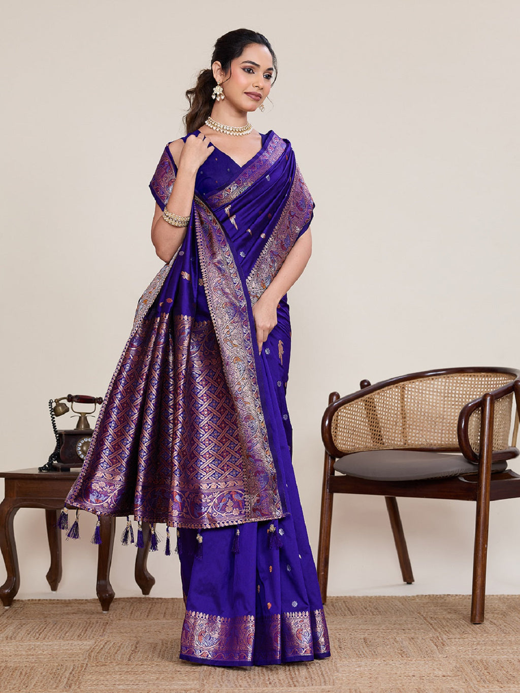 Blue Kanjivaram Silk Wedding Saree with Silver Gold Jari