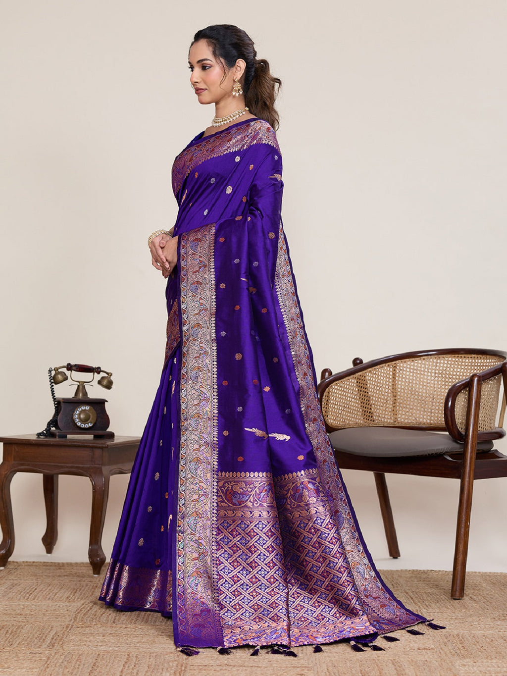 Blue Kanjivaram Silk Wedding Saree with Silver Gold Jari