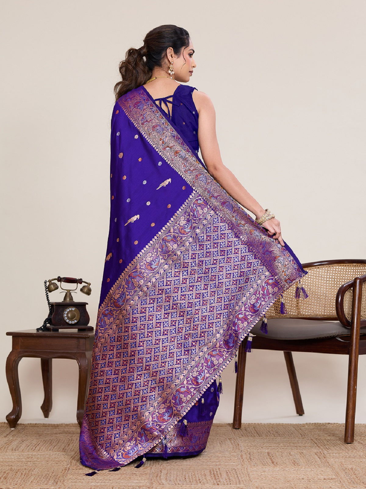 Blue Kanjivaram Silk Wedding Saree with Silver Gold Jari