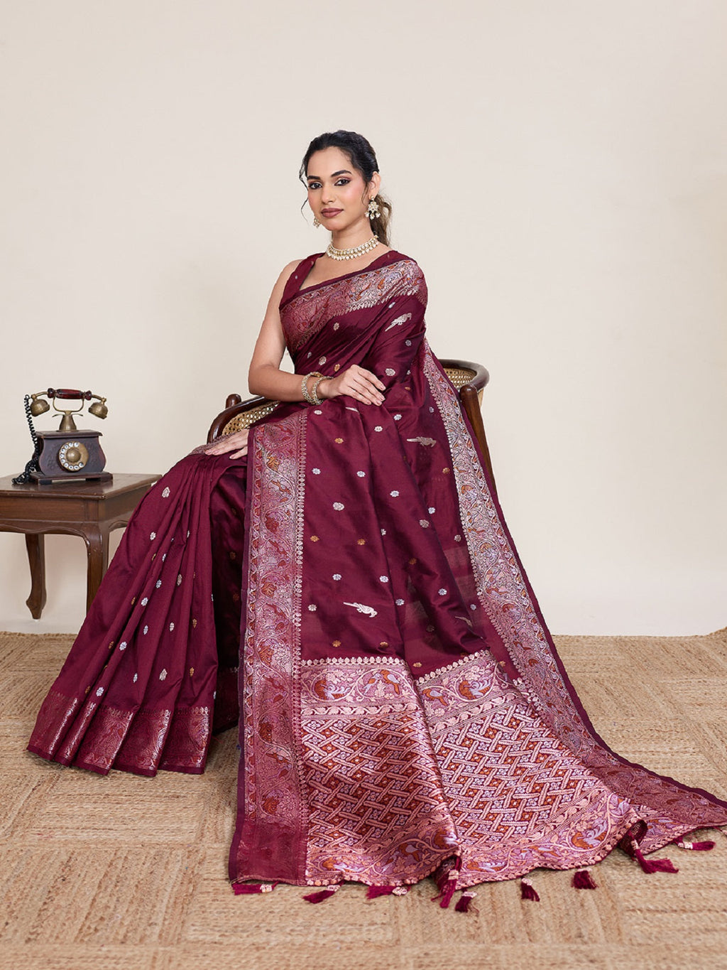 Deep Maroon Kanjivaram Silk Wedding Saree With Jari Work