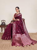 Deep Maroon Kanjivaram Silk Wedding Saree With Jari Work