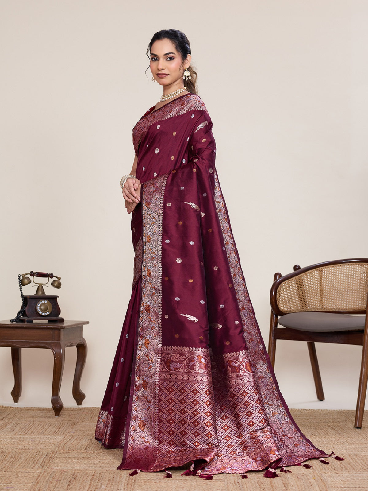 Deep Maroon Kanjivaram Silk Wedding Saree With Jari Work