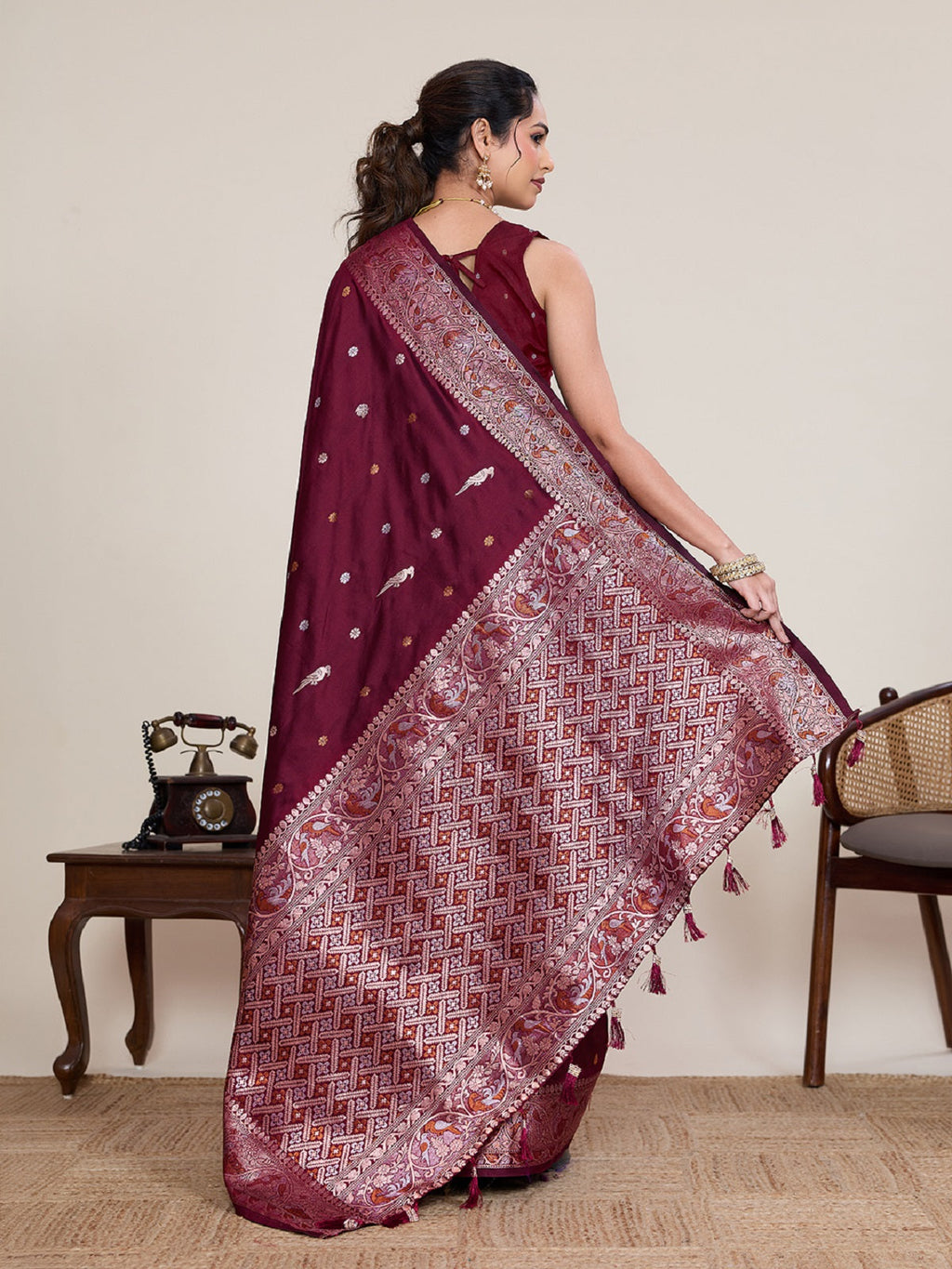 Deep Maroon Kanjivaram Silk Wedding Saree With Jari Work