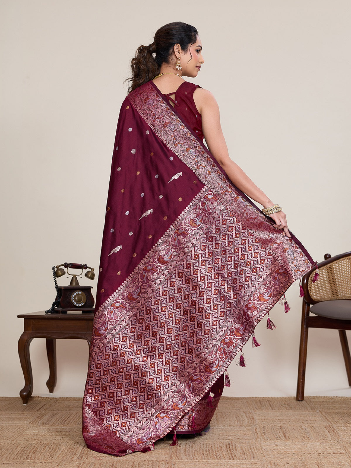 Deep Maroon Kanjivaram Silk Wedding Saree With Jari Work