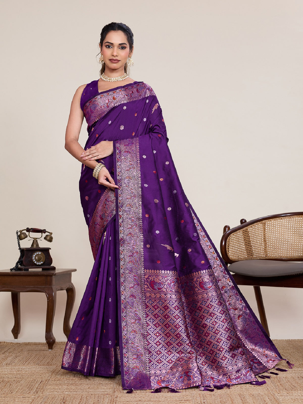 Deep purple Kanjivaram silk wedding saree with silver and gold jari work