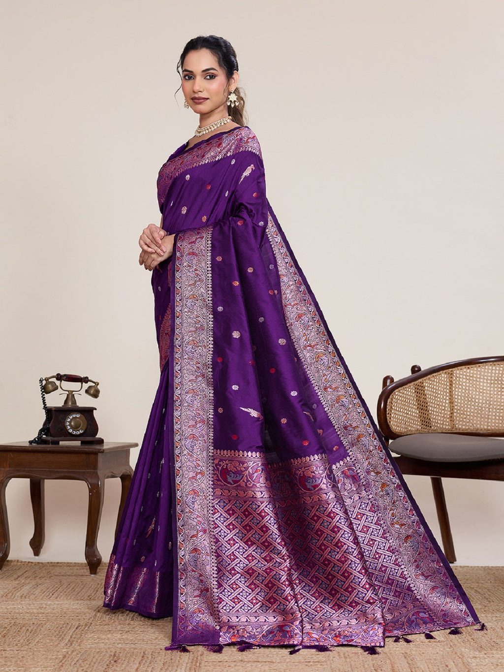 Deep Purple Kanjivaram Silk Wedding Saree With Jari Work
