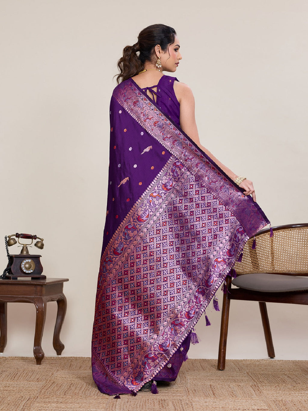 Deep Purple Kanjivaram Silk Wedding Saree With Jari Work