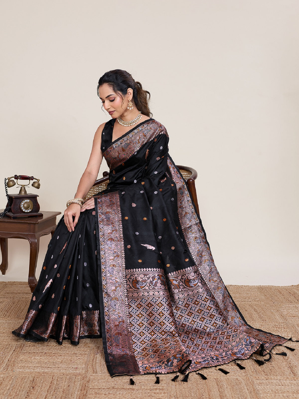 Black Kanjivaram Silk Wedding Saree with Gold & Silver Jari Work