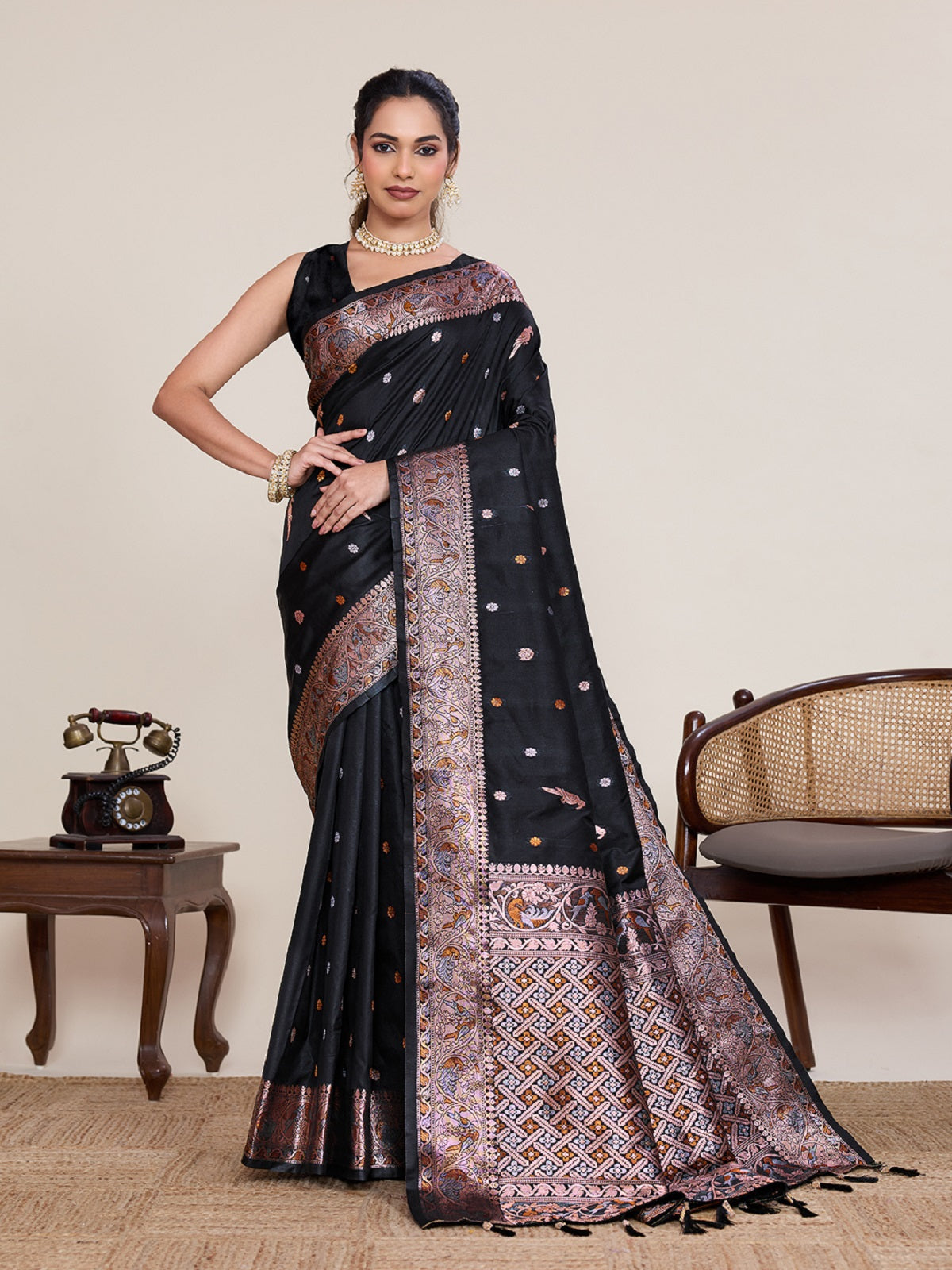 Black Kanjivaram Silk wedding saree with gold and silver jari weaving