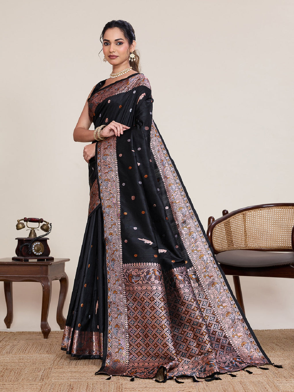 Black Kanjivaram Silk Wedding Saree with Gold & Silver Jari Work