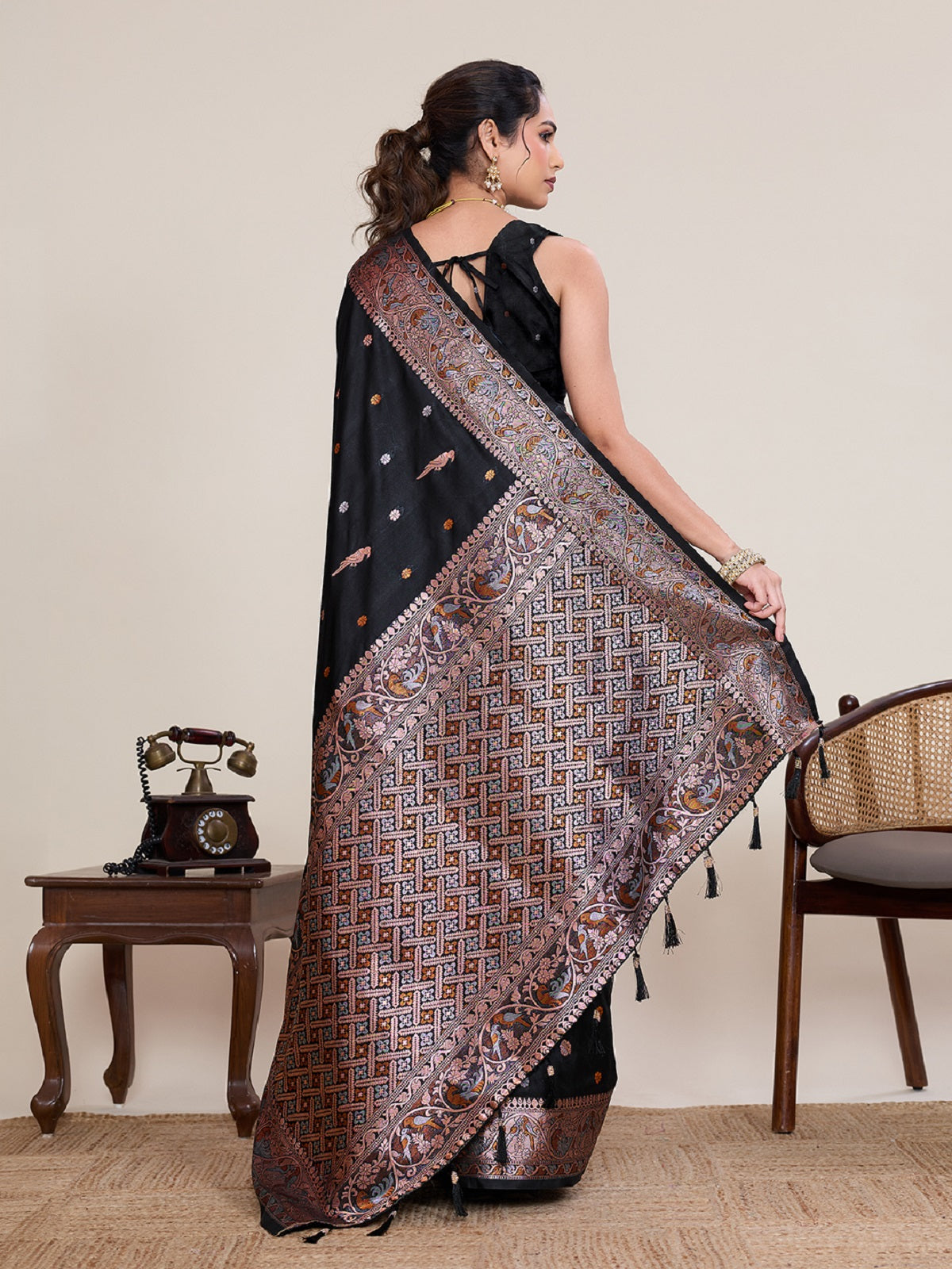 Black Kanjivaram Silk Wedding Saree with Gold & Silver Jari Work