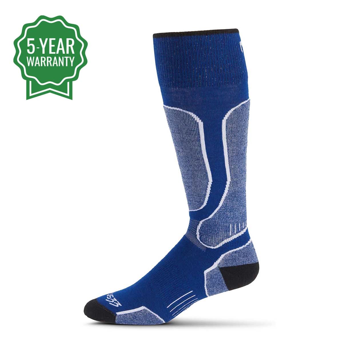 Performance over-the-calf snowboard socks in blue, black, and grey, featuring reinforced padding for winter sports.
