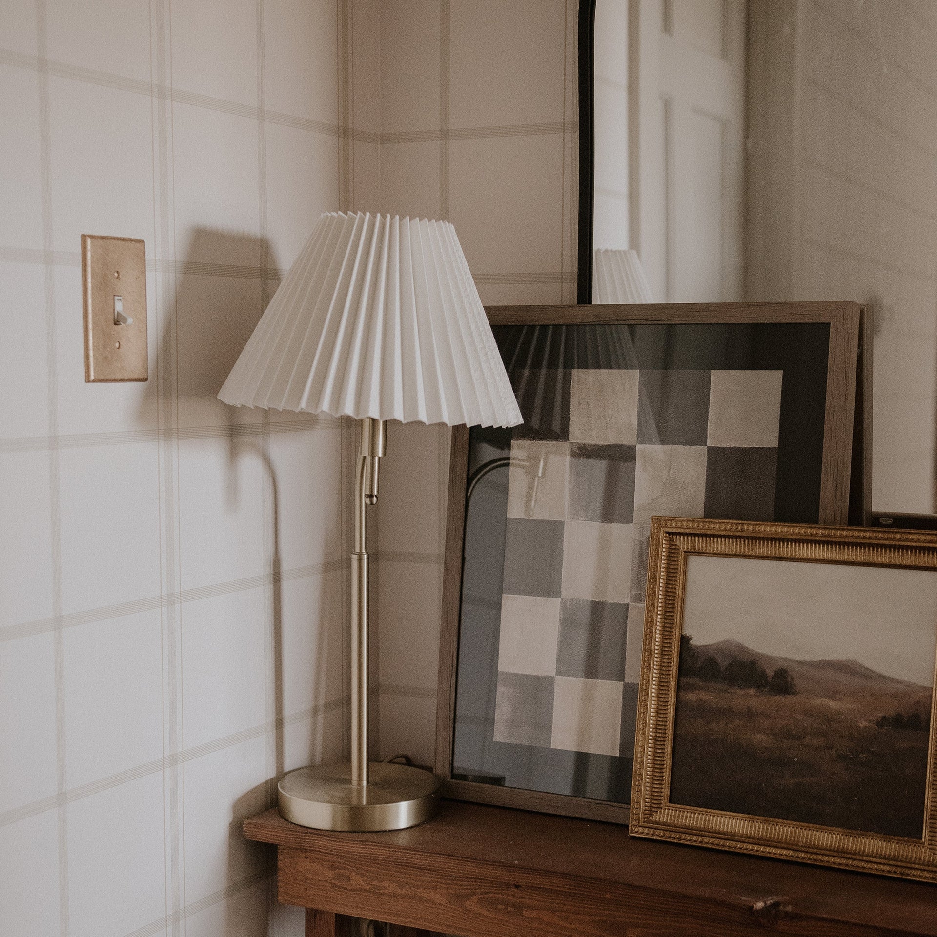 Ezra geometric wallpaper in white, grey, and taupe