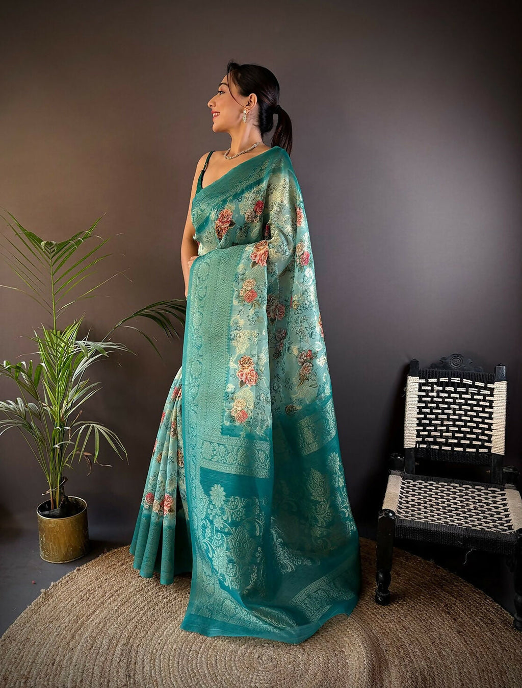 Teal Banarasi Silk Saree with Elegant Floral Motifs & Blouse