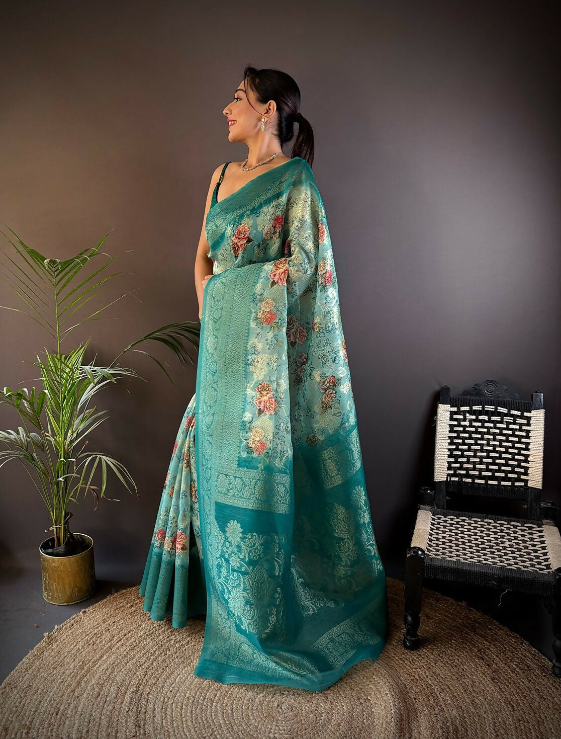 Teal Banarasi Silk Saree with Elegant Floral Motifs & Blouse