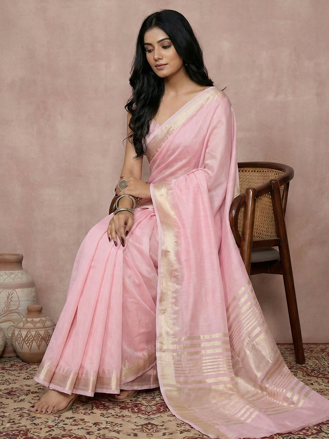 Light Pink Cotton Saree with Matching Blouse Piece