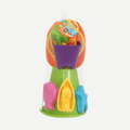 A variety of colorful plastic sand toys including buckets and molds inside a white mesh storage net.