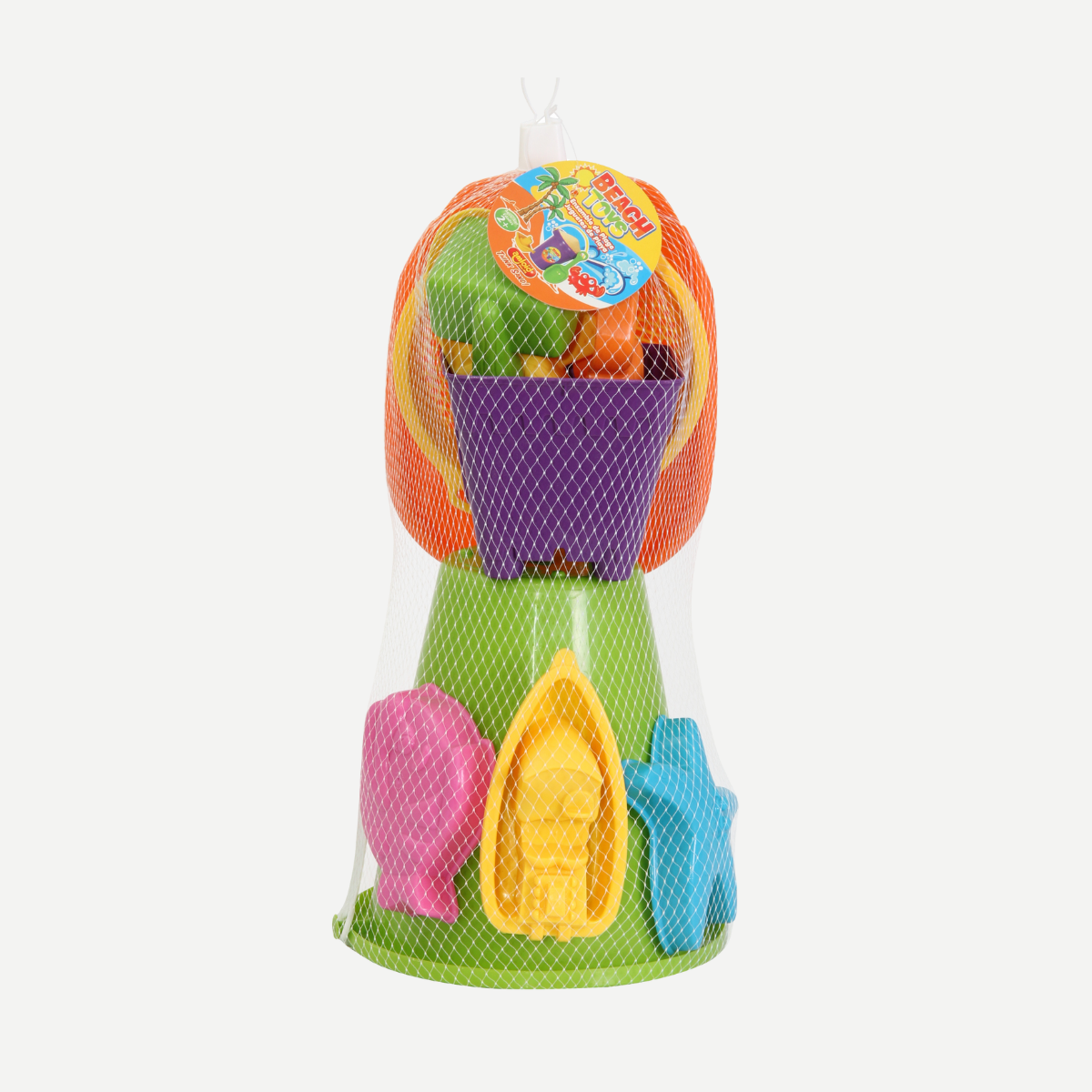 A variety of colorful plastic sand toys including buckets and molds inside a white mesh storage net.