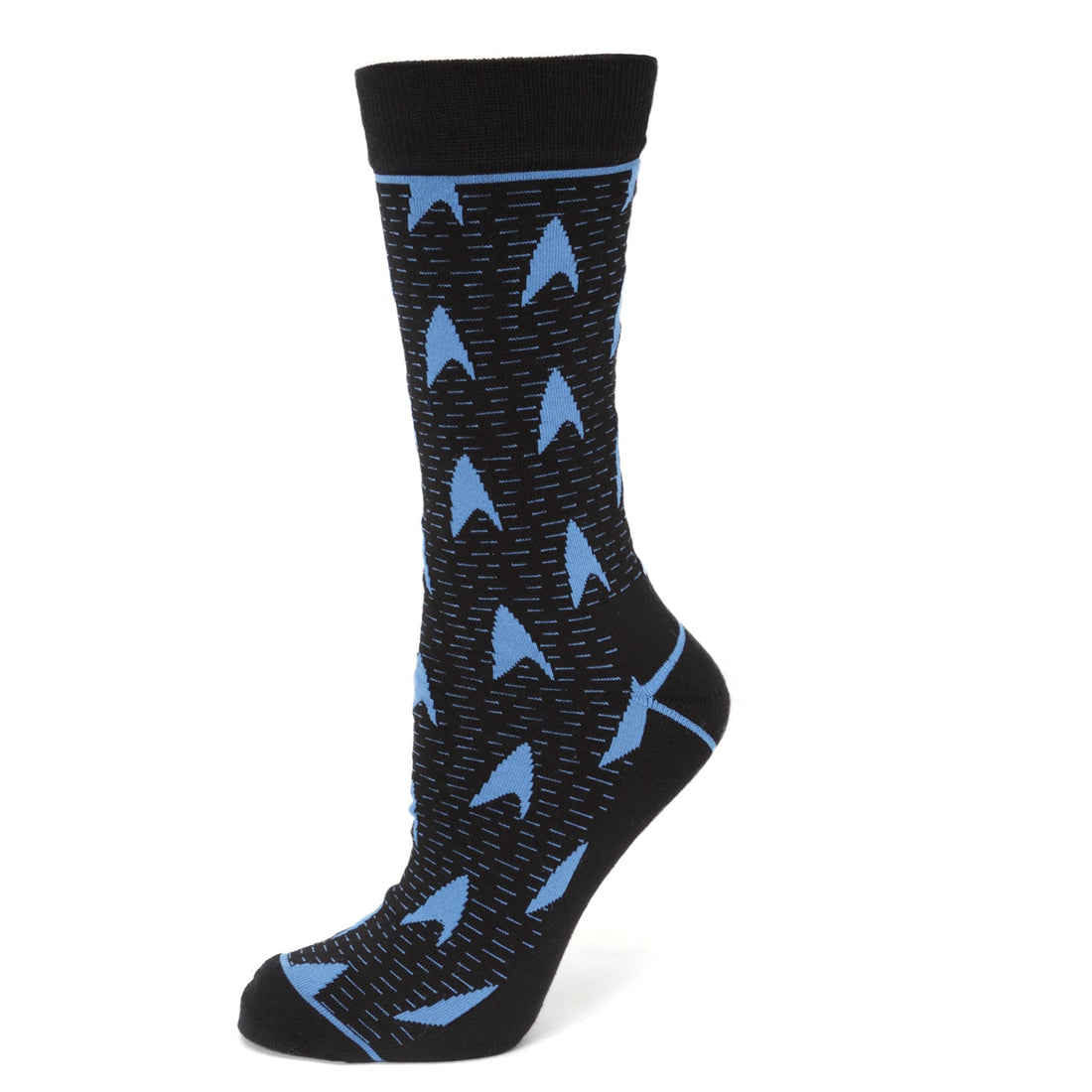 A pair of black crew socks featuring a repeating blue Star Trek science division delta shield pattern.