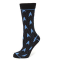 A pair of black crew socks featuring a repeating blue Star Trek science division delta shield pattern.