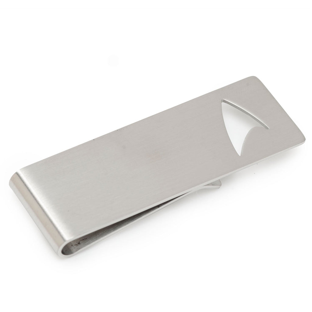 Silver Star Trek money clip with a Delta Shield cutout design on a white background