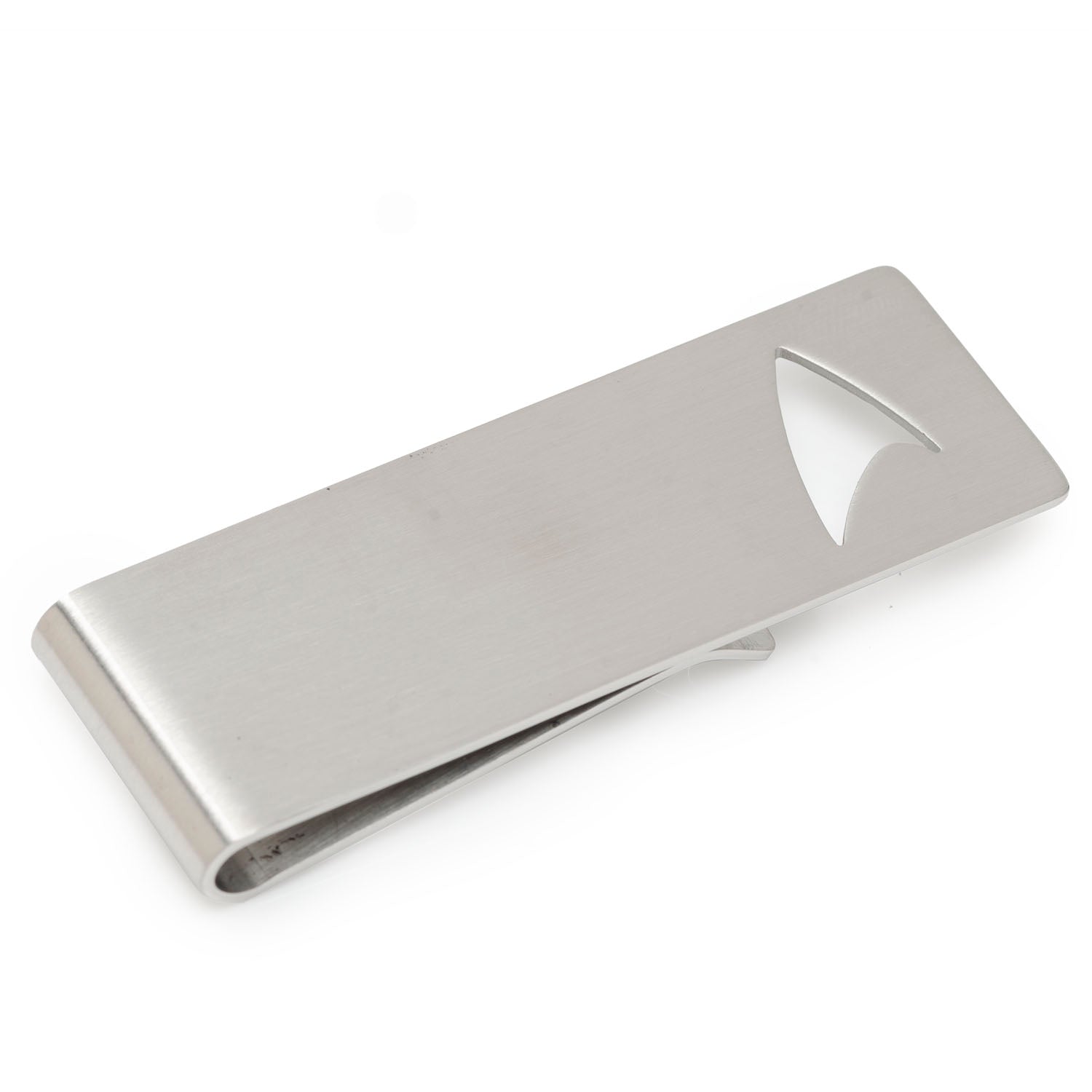Silver Star Trek money clip with a Delta Shield cutout design on a white background