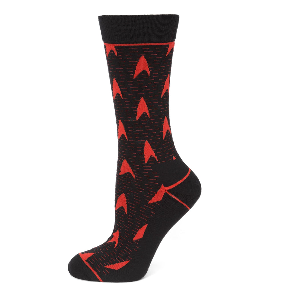 A pair of black crew socks featuring a red Star Trek delta shield pattern