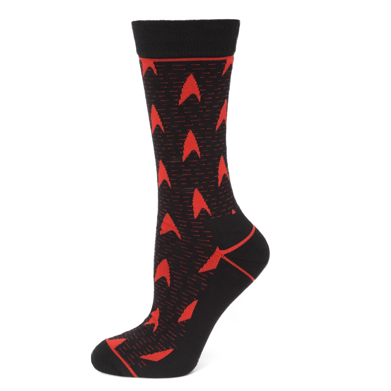 A pair of black crew socks featuring a red Star Trek delta shield pattern