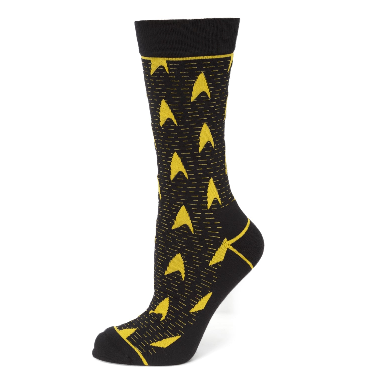 A pair of black crew socks featuring a yellow Star Trek Delta shield pattern on a white background.