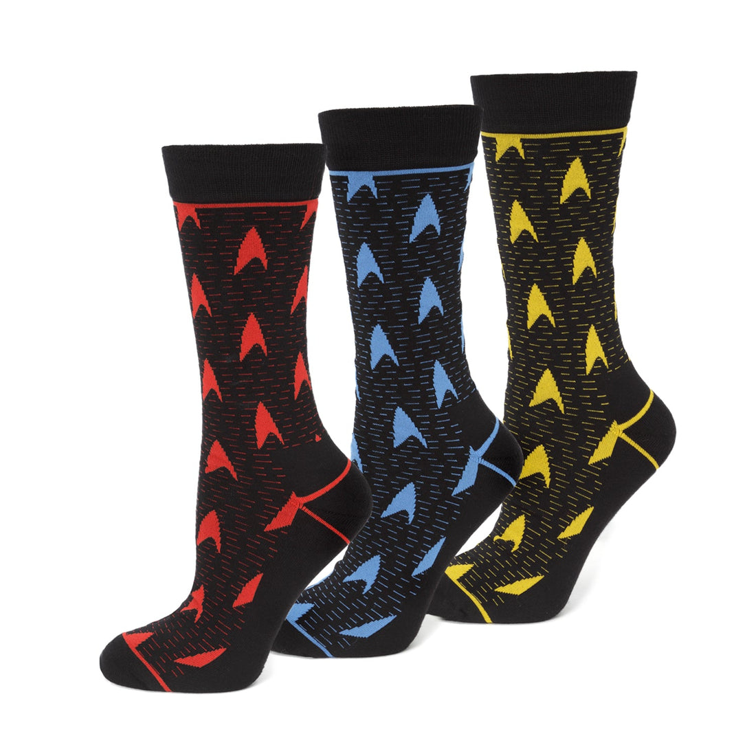 Three pairs of black crew socks with red, blue, and yellow Star Trek delta shield patterns displayed next to a branded gift box.