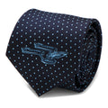 Close up of navy blue silk necktie with azure dots and USS Enterprise ship icon