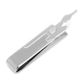 Silver-tone metal tie bar featuring the USS Enterprise silhouette from Star Trek worn on a blue striped necktie.