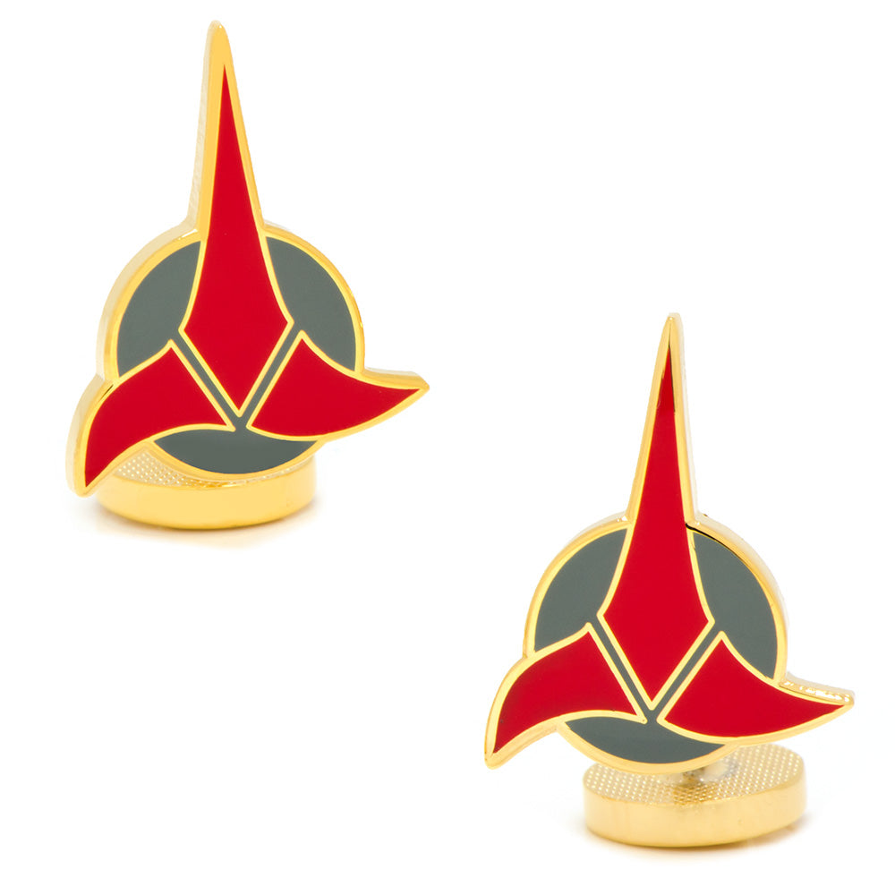 Close up of Star Trek Klingon insignia cufflinks with red enamel on gold tone hardware