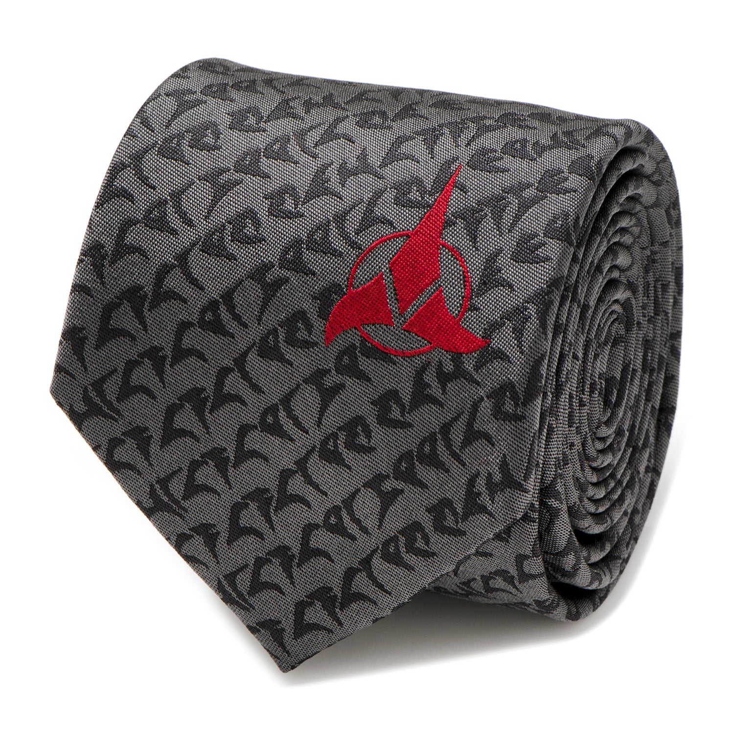 Close-up of a gray silk Star Trek necktie with Klingon script pattern and a red Klingon Empire pin.