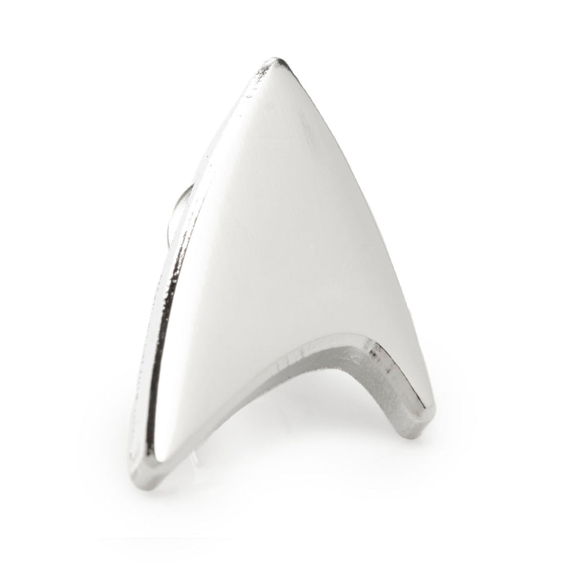 Close-up of a silver Star Trek Delta Shield lapel pin on a plain white background