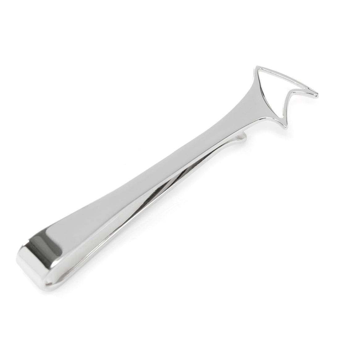 Polished sterling silver Star Trek Delta Shield tie bar on a red patterned tie.