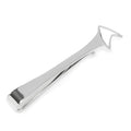 Polished sterling silver Star Trek Delta Shield tie bar on a red patterned tie.