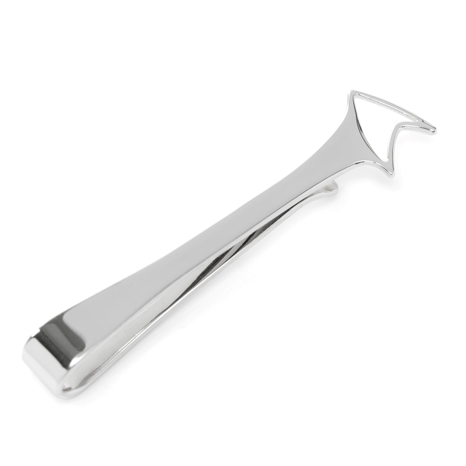 Polished sterling silver Star Trek Delta Shield tie bar on a red patterned tie.