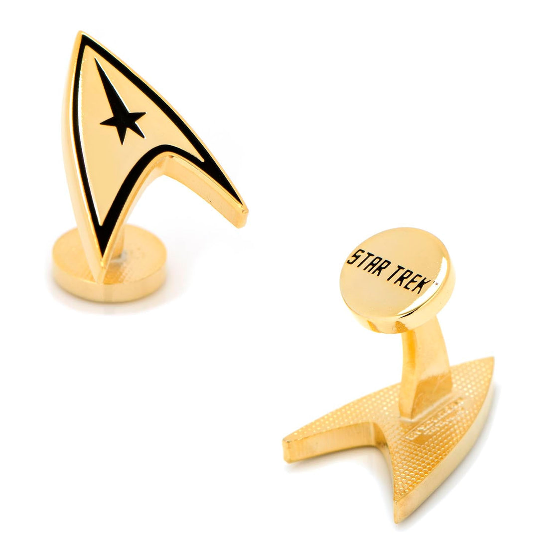 A pair of gold-plated Star Trek Delta Shield cufflinks against a white background.
