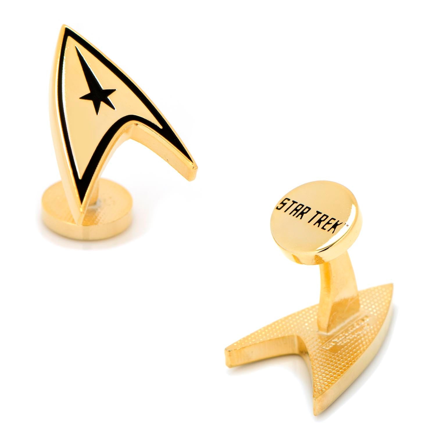 A pair of gold-plated Star Trek Delta Shield cufflinks against a white background.
