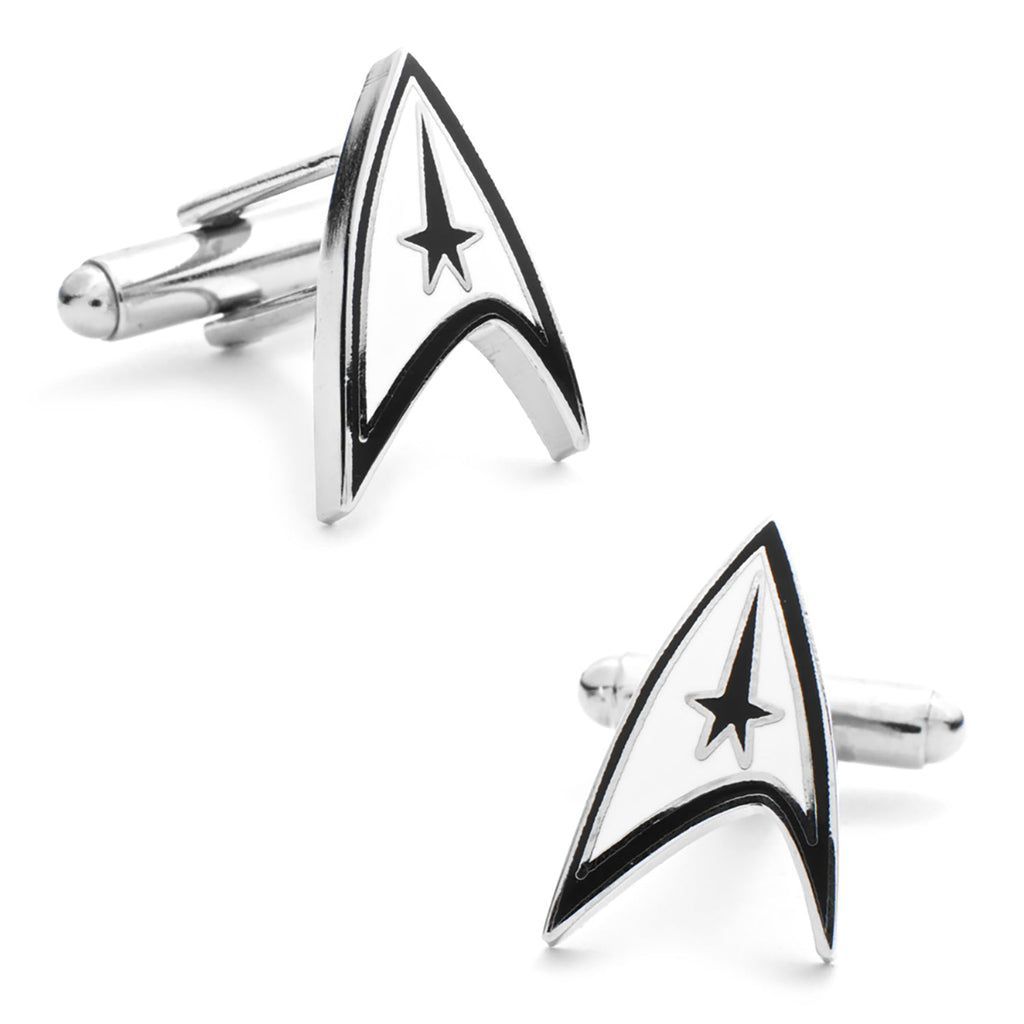A pair of officially licensed silver-tone Star Trek Starfleet Delta shield cufflinks.