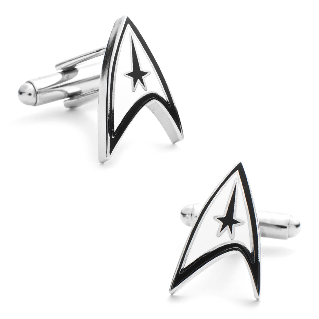A pair of officially licensed silver-tone Star Trek Starfleet Delta shield cufflinks.