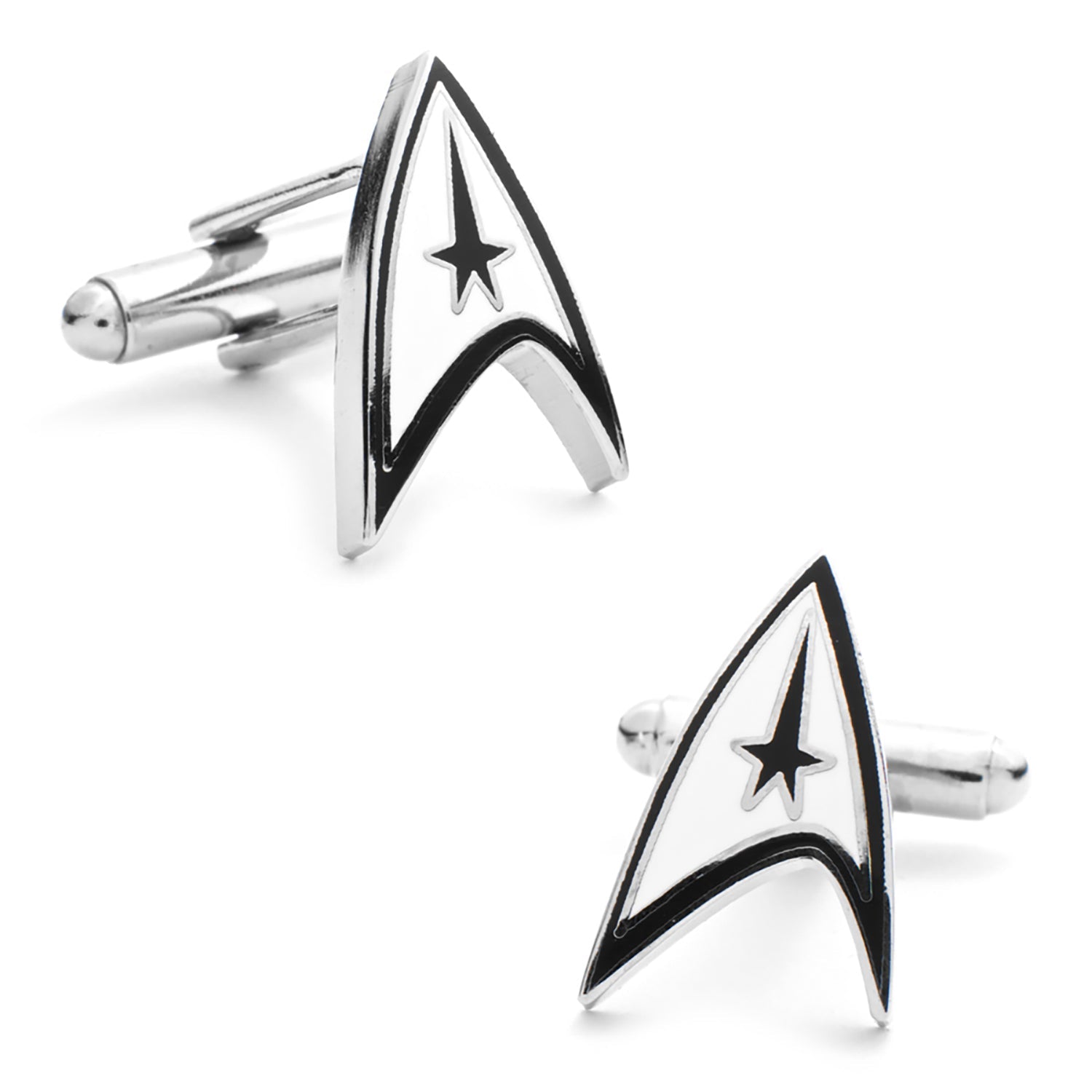 A pair of officially licensed silver-tone Star Trek Starfleet Delta shield cufflinks.