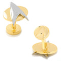 Two-tone Star Trek Delta Shield cufflinks featuring gold circular base and silver delta emblem.