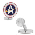 Close-up of circular Star Trek Starfleet Command cufflinks featuring silver plating and blue enamel logo detail.