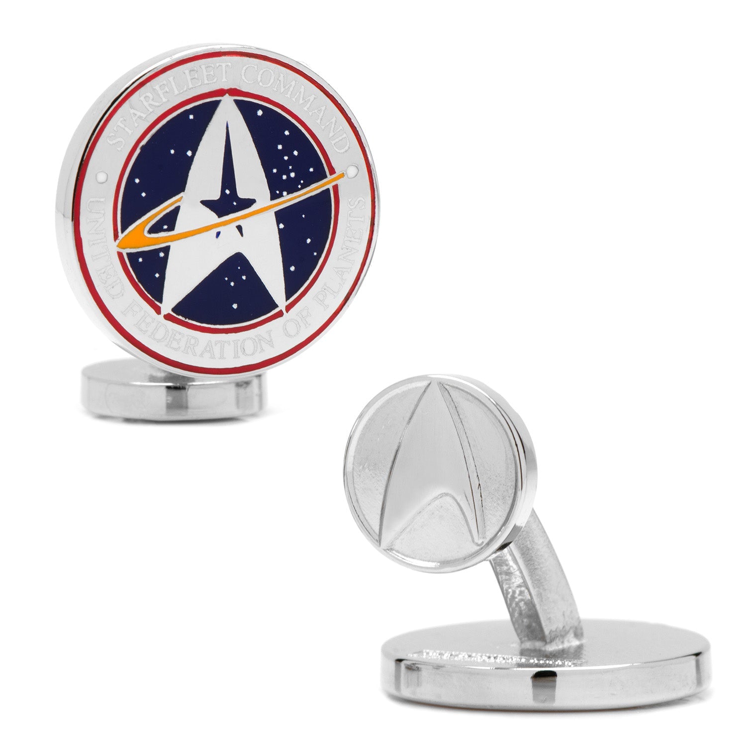 Close-up of circular Star Trek Starfleet Command cufflinks featuring silver plating and blue enamel logo detail.