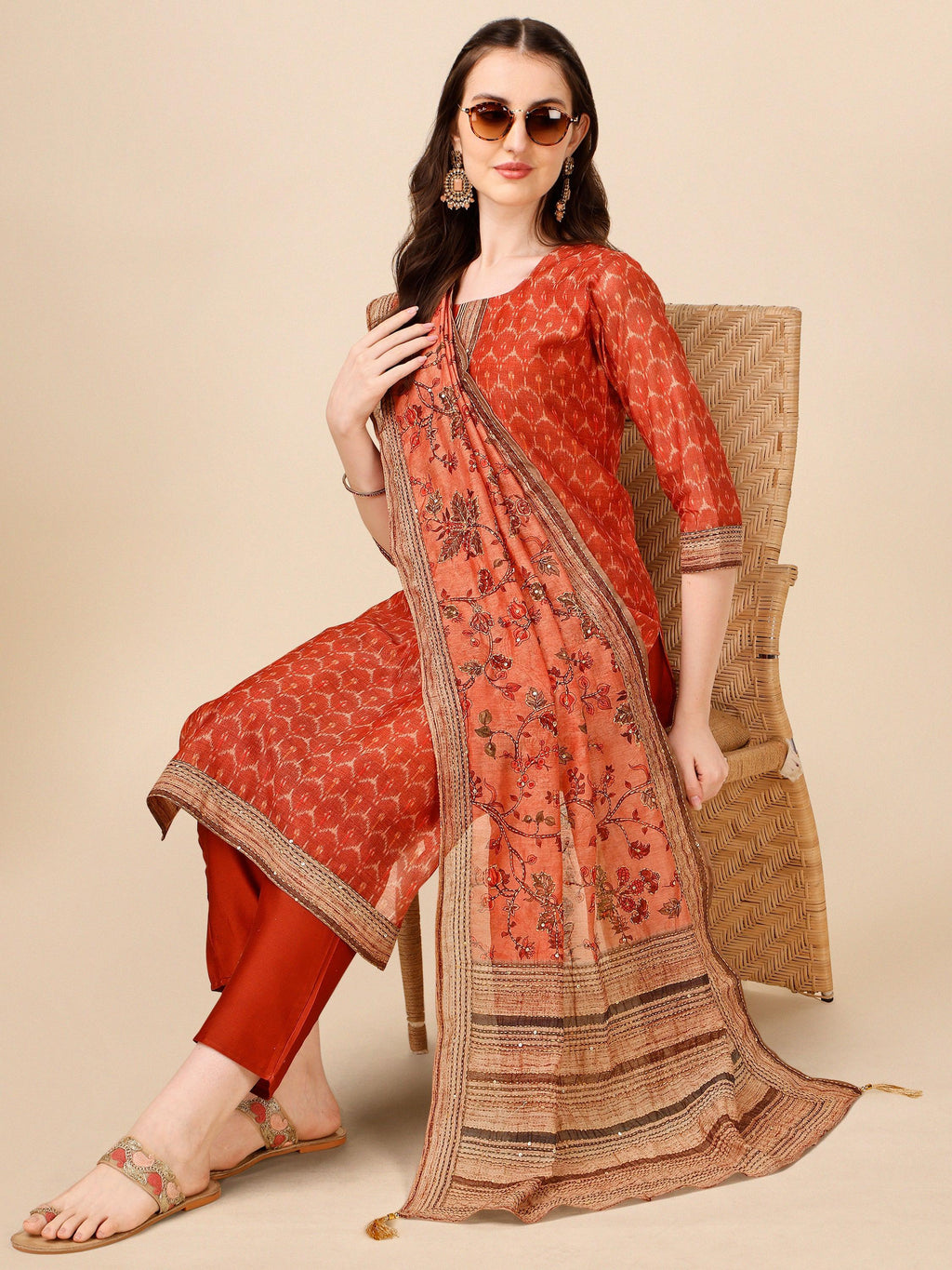 Multicolor Floral Printed Rayon Kurta Set with Pant and Dupatta