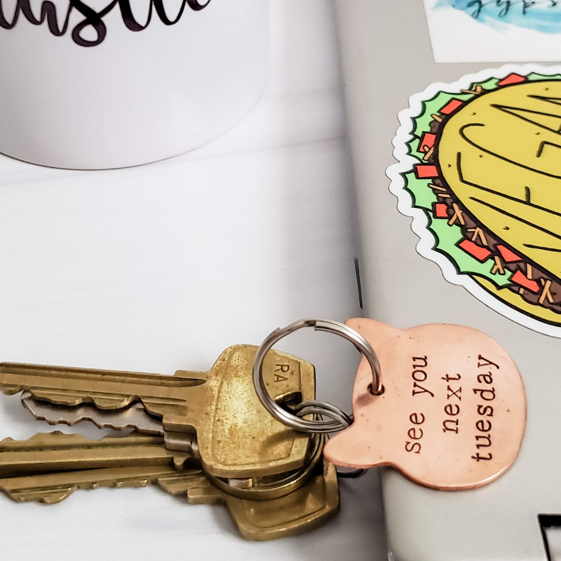 STAY AT HOME CAT MOM Copper Cat Keychain