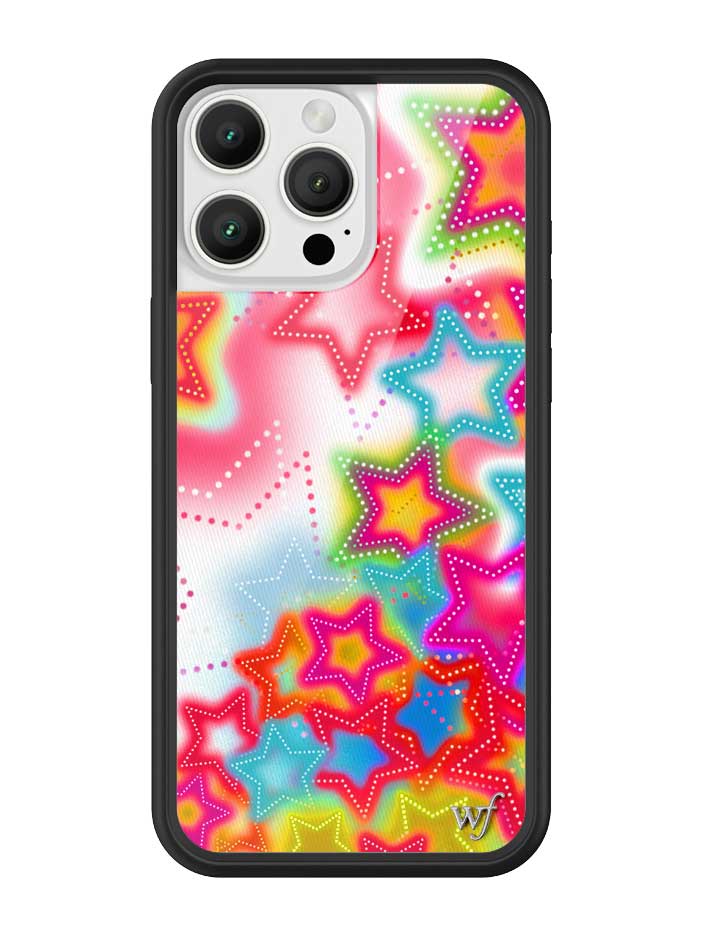 iPhone case with a colorful neon star pattern and a black rubber protective bumper