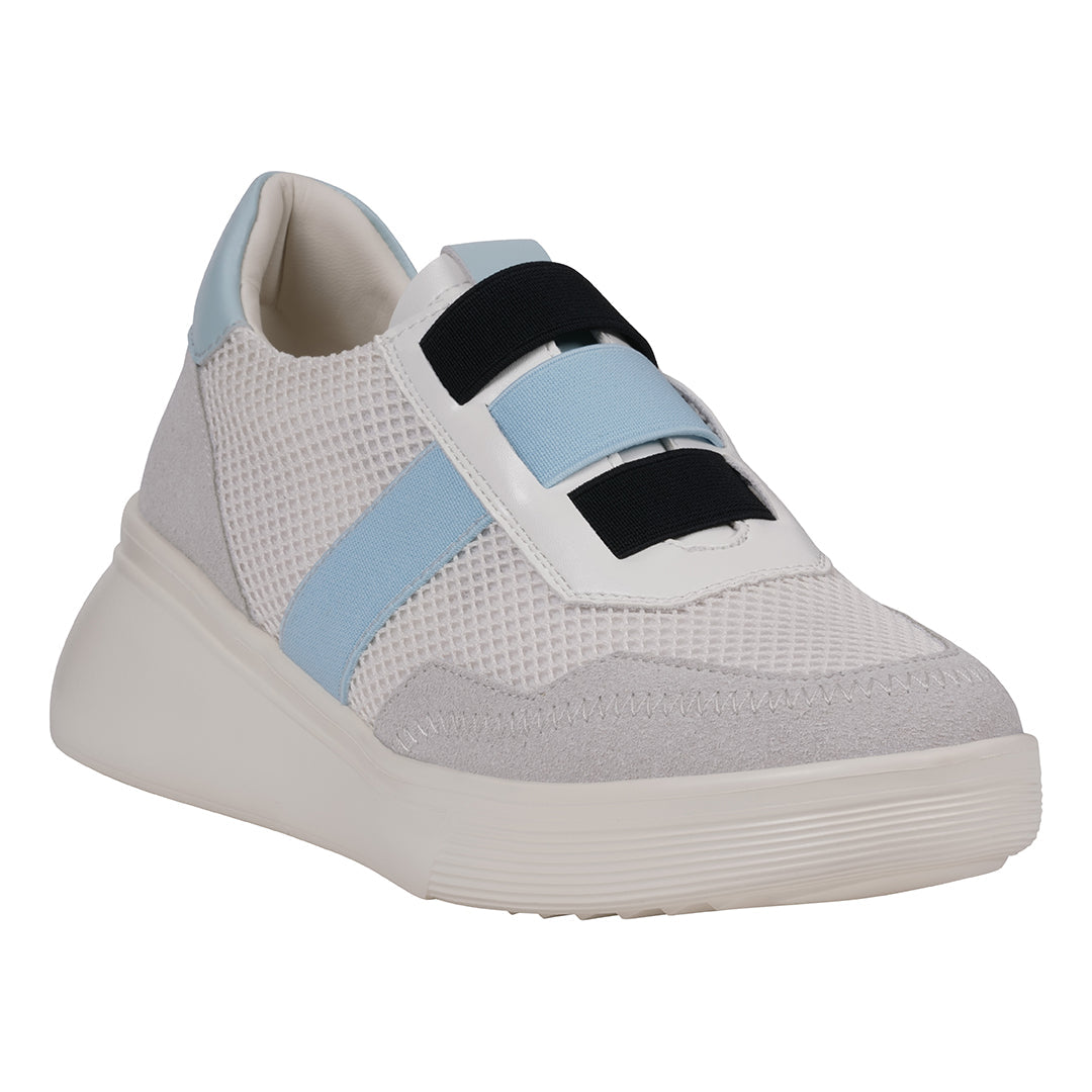 Women's Stefani wedge sneakers in white featuring blue and black accents and hook-and-loop strap closures.